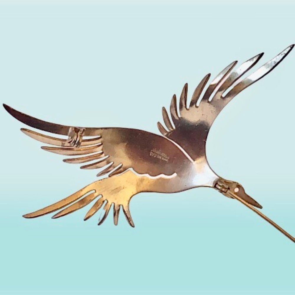 Sterling Silver Flying Goose Duck Brooch Pin HANDMADE Gold Wash